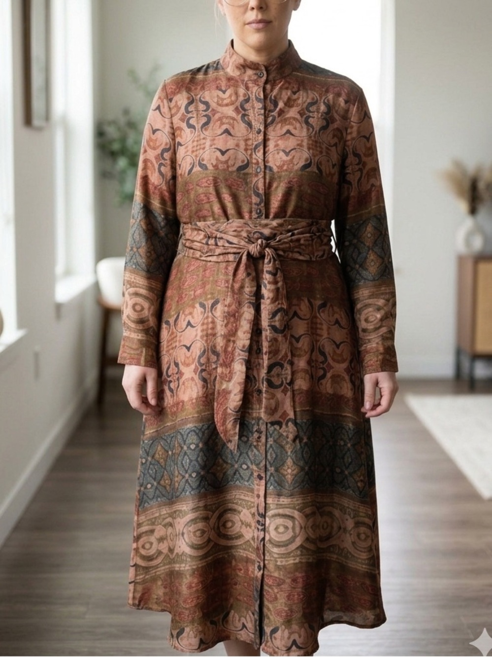 Bohemian Button-Front Midi Dress in Rust size L.